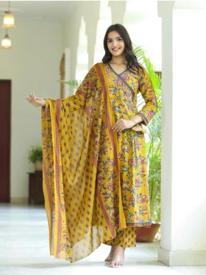 Yellow Women Floral Angrakha Frock Style Anarkali Kurta Kurti Pant Dupatta Set Gown Dress