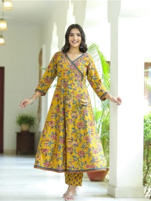 Yellow Women Floral Angrakha Frock Style Anarkali Kurta Kurti Pant Dupatta Set Gown Dress