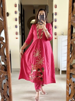 Rani Pink Embroidered V Neck Indian Nayra Cut Salwar Kameez Kurti Pant Dupatta Suit Set for Women