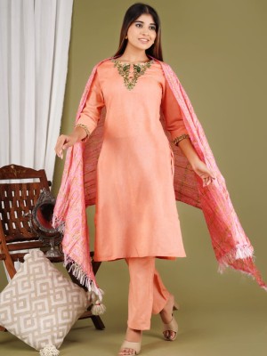 Khadi Cotton Peach Straight Kurti Pant Dupatta Embroidered Salwar Kameez Suit Set