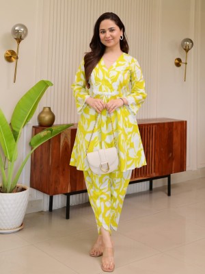 Yellow Cotton Indian Salwar Kameez Kurti Pant Printed V-Neck Co Ord Set