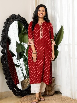 Red Lehariya Printed Cotton Straight Kurti Pant Salwar Kameez Suit Set (Set of 2)