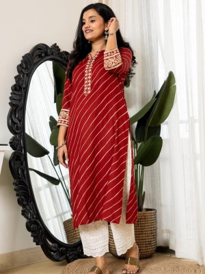 Red Lehariya Printed Cotton Straight Kurti Pant Salwar Kameez Suit Set (Set of 2)