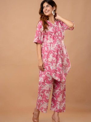 Delicate Pink Floral Printed Cotton Kurti Pant Co Ord Set with Belt