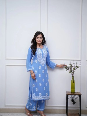 Blue Chikankari Embroidered Indian Pakistani Traditional Straight Salwar Kameez Kurti Pant Set for Women