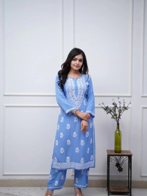 Blue Chikankari Embroidered Indian Pakistani Traditional Straight Salwar Kameez Kurti Pant Set for Women