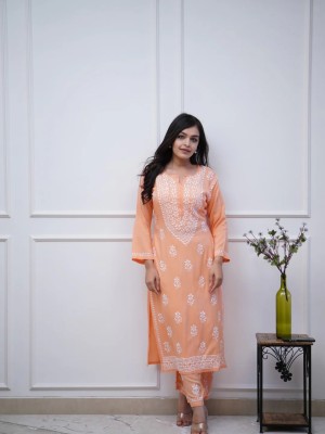 Peach Chikankari Embroidered Indian Pakistani Traditional Straight Salwar Kameez Kurti Pant Set for Women