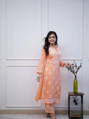 Peach Chikankari Embroidered Indian Pakistani Traditional Straight Salwar Kameez Kurti Pant Set for Women