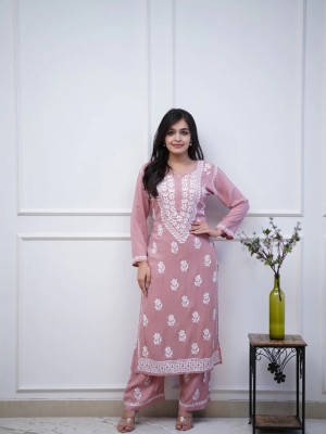 Pink Chikankari Embroidered Indian Pakistani Traditional Straight Salwar Kameez Kurti Pant Set for Women