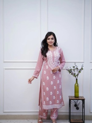 Pink Chikankari Embroidered Indian Pakistani Traditional Straight Salwar Kameez Kurti Pant Set for Women