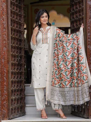 Simple Beige Solid Color Traditional Indian Straight Salwar Kameez Kurti Pant with Chanderi Printed Dupatta Set