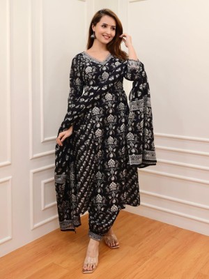 Classic Black Traditional Indian Pakistani Floral Printed Straight Salwar Kameez Kurti Afghani Pant Floral Dupatta Set Partywear