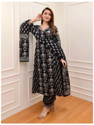 Classic Black Traditional Indian Pakistani Floral Printed Straight Salwar Kameez Kurti Afghani Pant Floral Dupatta Set Partywear