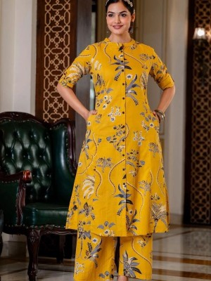 Yellow Indian Pakistani Traditional Floral Straight Aline Co Ord Salwar Kameez Kurti Pant Set for Women