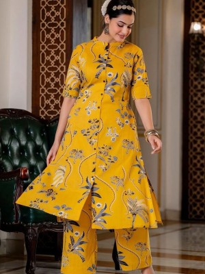 Yellow Indian Pakistani Traditional Floral Straight Aline Co Ord Salwar Kameez Kurti Pant Set for Women