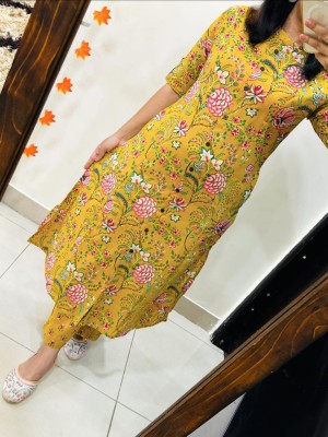 Mustard Yellow Indian Pakistani Traditional Floral Straight Aline Co Ord Salwar Kameez Kurti Pant Set for Women