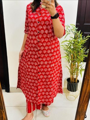 Red Floral Indian Pakistani Straight Aline Co Ord Set Cotton Salwar Kameez Kurti Pant Set