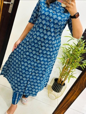 Blue Floral Indian Pakistani Straight Aline Co Ord Set Cotton Salwar Kameez Kurti Pant Set