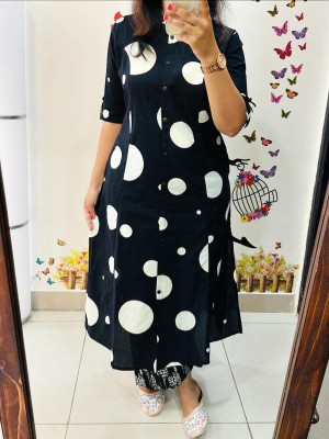 Black Polka Dot Indian Pakistani Straight Aline Co Ord Set Cotton Salwar Kameez Kurti Pant Set