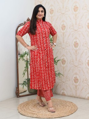 Red Floral Print Indian Pakistani Straight Aline Co Ord Set Cotton Salwar Kameez Kurti Pant Set