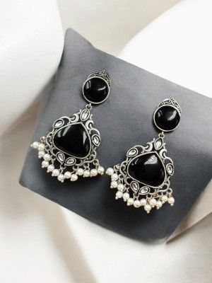 Indian Premium Silver Replica Earrings with Monalisa Stones and Pearls Oxidised Dangler for Girls