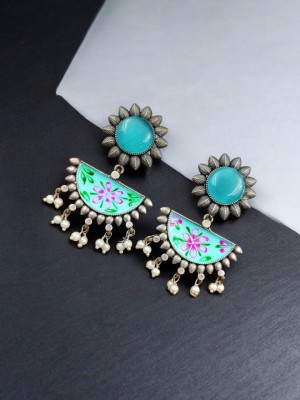 Indian Designer Hand Painted Earrings Silver Replica Brass Earrings with Monalisa Stones Handcrafted Dangler for Girls