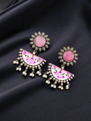 Indian Designer Hand Painted Earrings Silver Replica Brass Earrings with Monalisa Stones Handcrafted Dangler for Girls