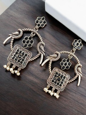 Indian Designer Peacock Style Earrings Silver Replica Brass Traditional Dangler for Girls