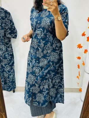 Manvi Blue Color Floral Printed Indian Straight Aline Cotton Salwar Kameez Kurti Pant Co Ord Set