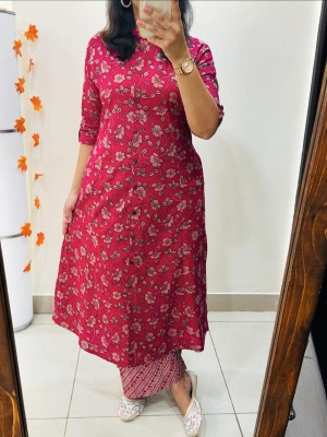 Sarika Red Color Floral Printed Indian Straight Aline Cotton Salwar Kameez Kurti Pant Co Ord Set