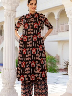 Black Kamdhenu Cow Floral Printed Indian Aline Cotton Salwar Kameez Kurti Pant Co Ord Set