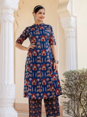 Blue Kamdhenu Cow Floral Printed Indian Aline Cotton Salwar Kameez Kurti Pant Co Ord Set