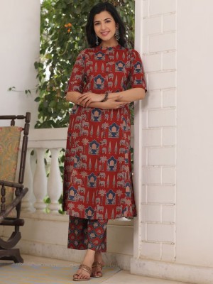 Red Kamdhenu Cow Floral Printed Indian Aline Cotton Salwar Kameez Kurti Pant Co Ord Set