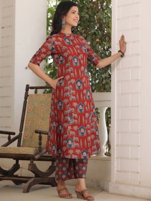 Red Kamdhenu Cow Floral Printed Indian Aline Cotton Salwar Kameez Kurti Pant Co Ord Set