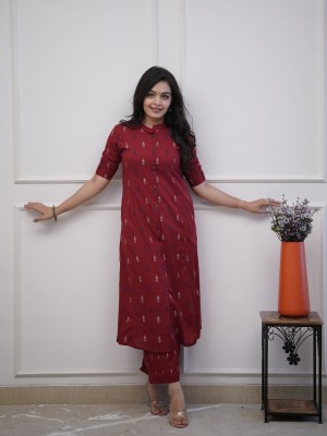 Red Tagai Printed Indian Aline Cotton Salwar Kameez Kurti Pant Co Ord Set