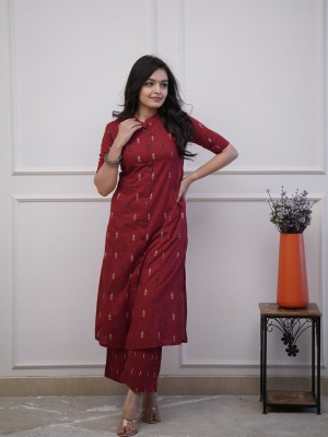 Red Tagai Printed Indian Aline Cotton Salwar Kameez Kurti Pant Co Ord Set