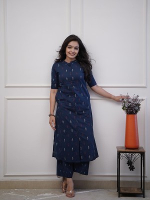 Blue Tagai Printed Indian Aline Cotton Salwar Kameez Kurti Pant Co Ord Set