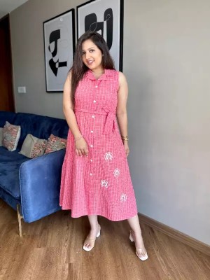 Pink Office Wear Check Sleeveless Collared Midi Belt Gown Embroidered Kurti Dress for Women 