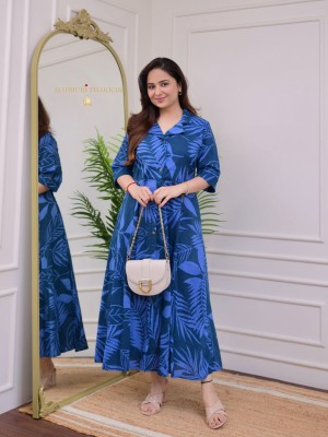 Elizeh Blue Office Wear Floral Printed Half Sleeves Collared Midi Gown Kurti Dress for Women