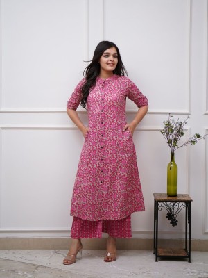 Sufiya Pink Floral Printed Indian A line Cotton Salwar Kameez Kurti Pant Co Ord Set