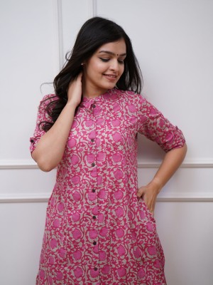 Sufiya Pink Floral Printed Indian A line Cotton Salwar Kameez Kurti Pant Co Ord Set