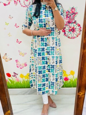 Blue Floral Printed Indian Cotton Salwar Kameez A line Kurti Pant Co Ord Set