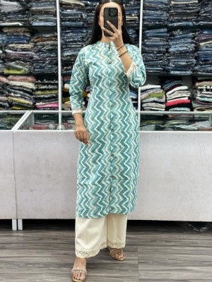 Grey White Zigzag Printed Indian Cotton Straight Salwar Kameez Kurti Pant Co Ord Set