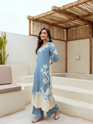 Soniya Sky Blue Indian Pakistani Salwar Kameez A line Kurti Pant Co Ord Set