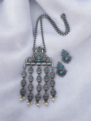 Unique Bohemian Long Dangler Silver Touch Elephant Oxidized Necklace with Earring Set