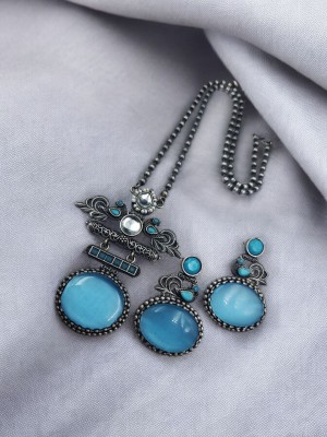 Silver Replica Bohochic Peacock Oxidized Monalisa Stone Necklace Pendant with Earring Set