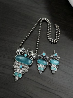 Indian Elephant Designer Oxidized Silver Monalisa Stone Necklace Chain Pendant with Earring Set