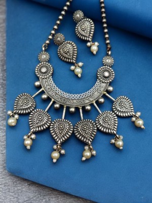 Classic Indian Brass Vintage Look Oxidized Silver Replica Necklace Chain Combo Earring Set