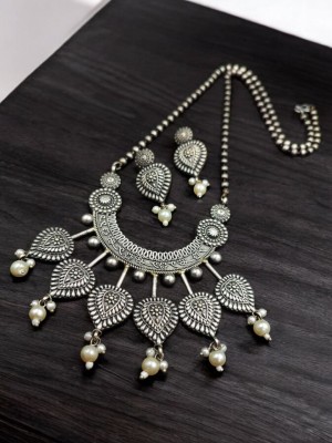 Classic Indian Brass Vintage Look Oxidized Silver Replica Necklace Chain Combo Earring Set