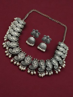 Traditional Indian Brass Vintage Paisley Design Oxidized Silver Choker Necklace Combo Jhumka Set